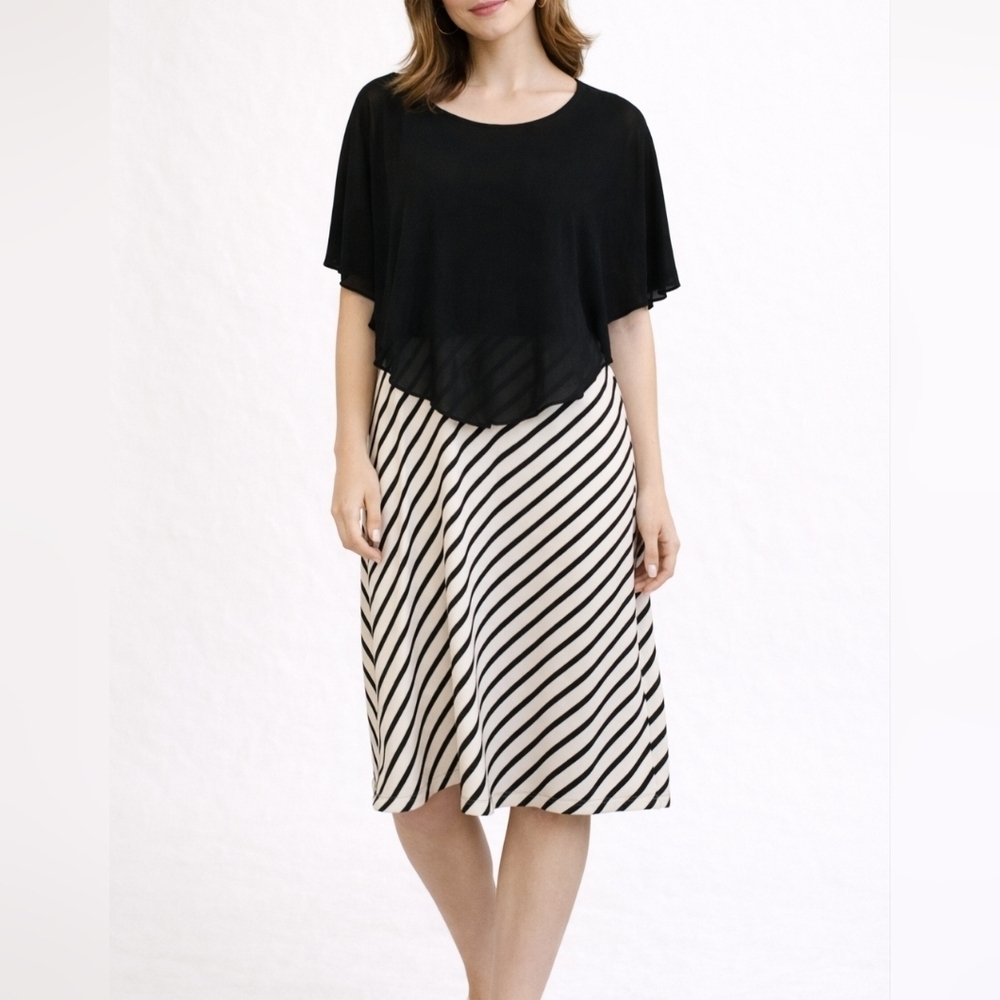 Black & White Monochrome Stripe Shawl Poncho Waist Dress